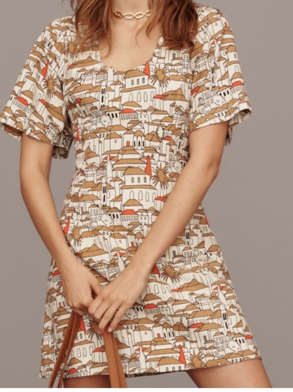 Porridge Anthropologie Tan Cream Cityscape Printed Linen/Rayon/Cotton Dress Sz L